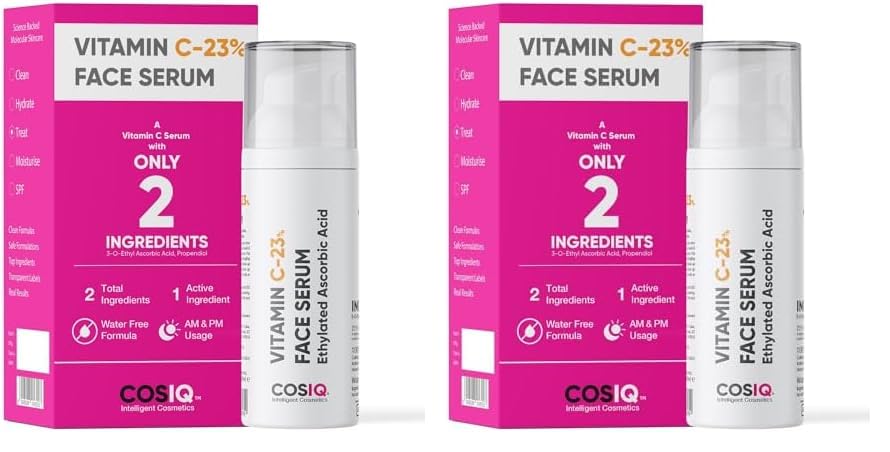 Cos-IQ 23% Vitamin C Face Serum for Glowing Skin (30 Days Pack) | Advanced Molecular Skincare Technology | Highly Stable, Non Irritating, Non Sticky| Brightening Vit C Formula For Men and Women | 30ml