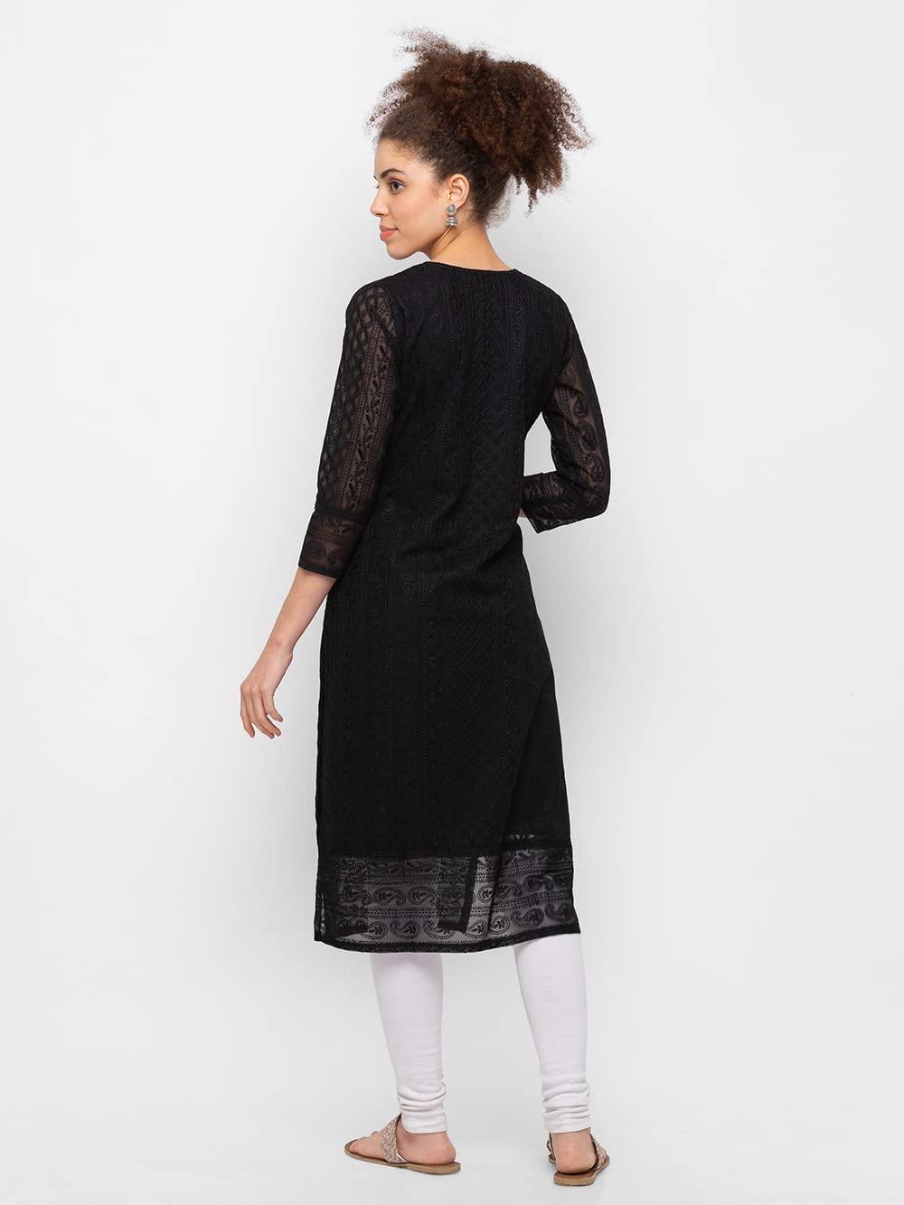 ZOLA Exclusive Georgette Round Neck with Full Sleeves and Calf Length Luckhnowi Chikan Kari Kurta with Button Placket on Yolk Ethnic Wear Straight Kurta for Women Pack of 1