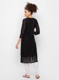 ZOLA Exclusive Georgette Round Neck with Full Sleeves and Calf Length Luckhnowi Chikan Kari Kurta with Button Placket on Yolk Ethnic Wear Straight Kurta for Women Pack of 1