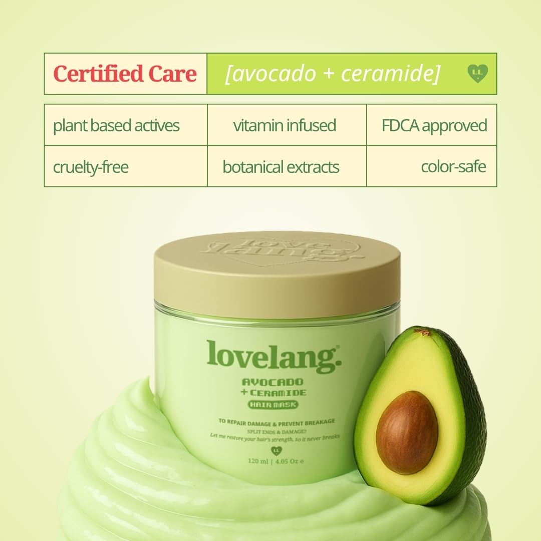 lovelang Avocado + Ceramide Hair Mask | Deep Repair for Damaged Hair, Split Ends & Breakage | Strengthens & Softens | 120ml | Avocado Scent | All Hair Types