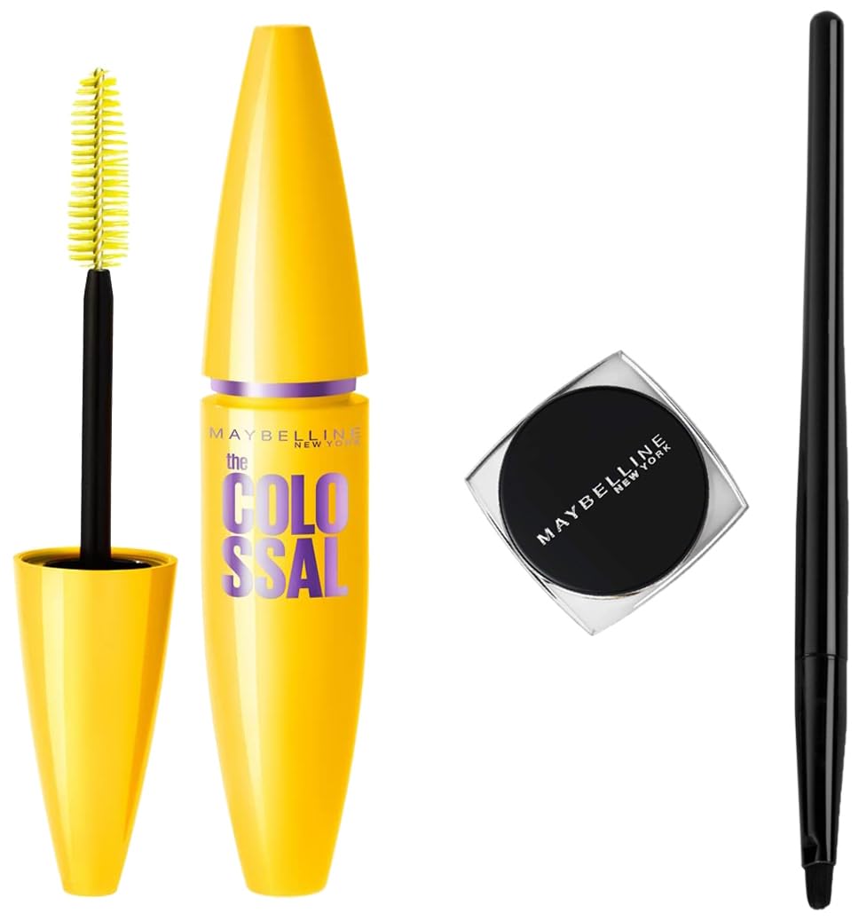Maybelline New York Volume Express Colossal Mascara, Washable, Glam Black, 10.7g and Maybelline New York Lasting Drama Gel Eyeliner,Blackest Black, 2.5g