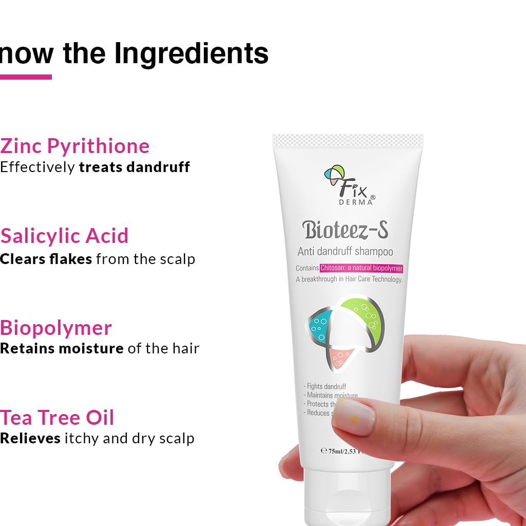 Fixderma Bioteez-S, Anti Dandruff Shampoo, Flaky Scalp Condition, Nourish Dry Hair, Relieves Itchy & Dry Scalp, Recurrent Dandruff, Sulphate & Paraben Free Formulation - 75ml