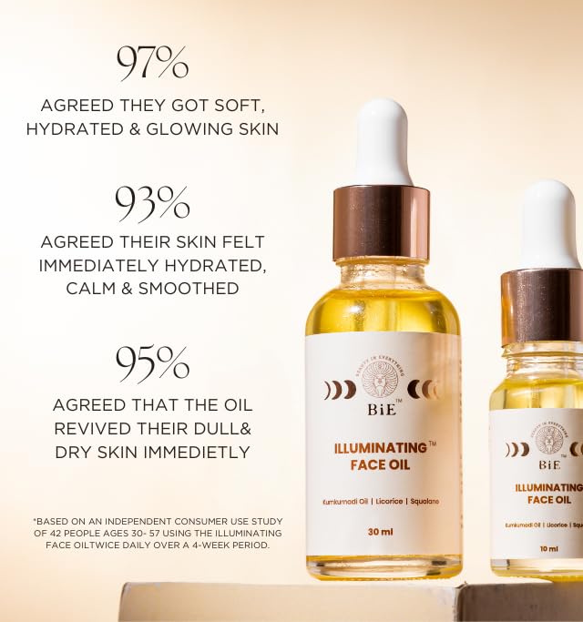 BiE Illuminating Face Oil with Kumkumadi Oil | Squalane | Licorice for Glowing Skin | For Glowing Skin, Brightens & Hydrates | Repairs Skin Barrier | Lightweight Facial Oil for Daily Use | Unisex | No Added Fragrance | 30ml
