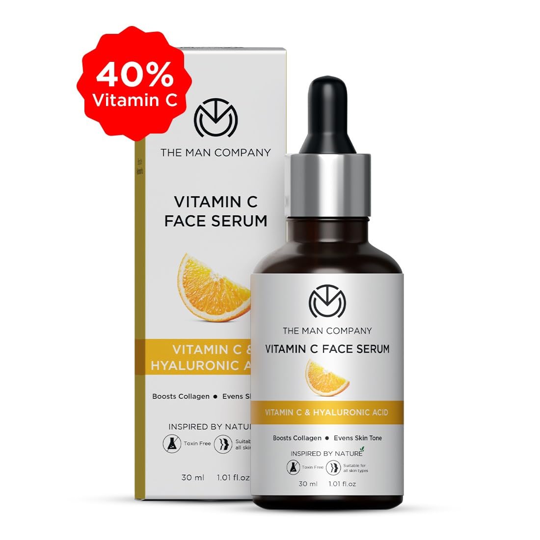 The Man Company 40% Vitamin C Face Serum With Hyaluronic Acid | Boosts Collagen | Glowing & Brightening Skin | Soft, Smooth & Supple | All Skin Types - 30ml