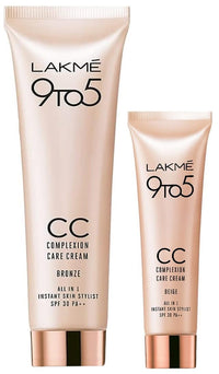Lakmé Complexion Care Acne Prone Face Cream, Glossy Finish Beige, 9G & 9 To 5 Complexion Light Care Face Cc Cream, Bronze, Spf 30, Conceals Dark Spots & Blemishes, 30 G, 2 count