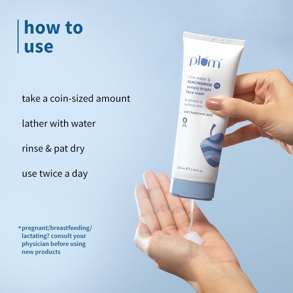 Plum 2% Niacinamide Simply Bright Face Wash With Rice Water | Brightens Skin, Helps Fade Blemishes | Softens & Smoothens Skin | Gentle & Non-Drying | Women & Men | 100% Vegan | 100 ml