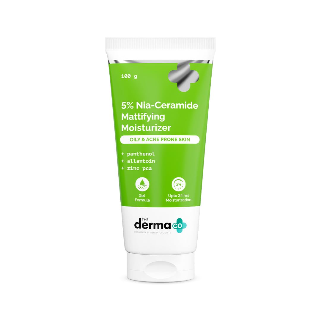 The Derma Co. 5% Nia-Ceramide Mattifying Moisturizer | For Oily to Acne Prone Skin | 5% Niacinamide, 2% Ceramide | 24 hrs. Moisturization | Panthenol, Allantoin & Zinc PCA | Oil-free Moisturizer | 100 g