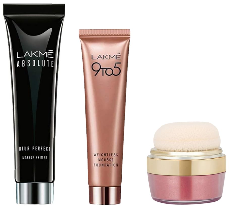 Lakme Absolute Blur Perfect Matte Face Primer, 30 ml & Lakme 9 to 5 Weightless Mousse Foundation, Rose Ivory, 25g & Lakmé Face Sheer Highlighter, Desert Rose, 4g