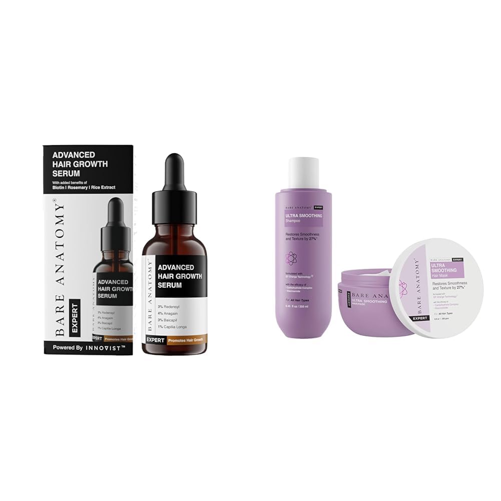 Bare Anatomy Advanced Hair Growth Serum | 3% Redensyl + 4% Anagain + 3% Baicapil + 1% Capilia Longa,for Women & Men | 30mL Ultra Smooth Shampoo + Hair Mask 250ml