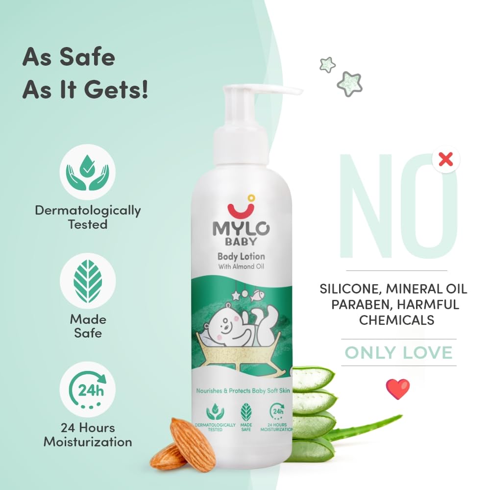 Mylo Baby Body Lotion 200ml Pack of 2 | Made Safe Certified | Dermatologically Tested | Long Lasting 24 Hours Moisturization | Soothes Dryness