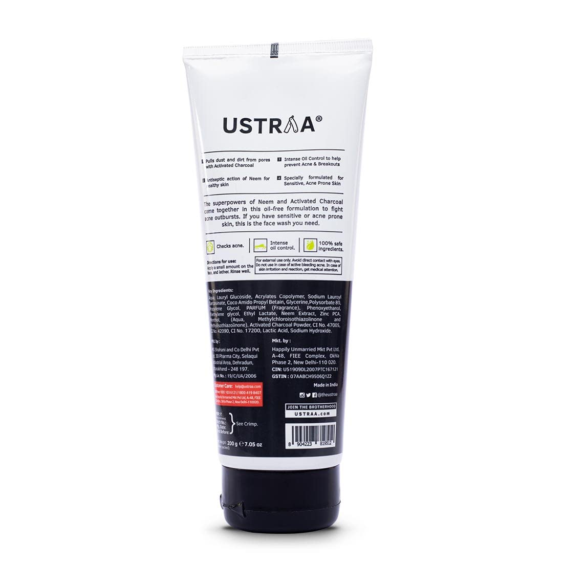 Ustraa De-Tan Face Mask Oily Skin - 125g - Effectively Removes Tan & Pollutants | White Charcoal & French Clay & Face Wash Acne Control - With Neem & Charcoal - 200g - Oil control, Prevents Acne