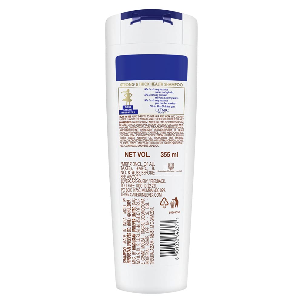 Clinic Plus Strength & Shine With Egg Protein Shampoo, 355 ml & Clinic Plus Strong & Extra Thick Shampoo With Milk Protein And Almond Oil For Hair Strengthening & Volume, 355ml