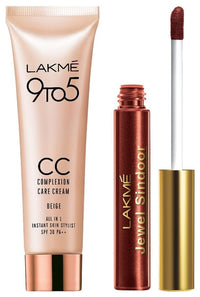 Lakmé Jewel Sindoor, Maroon, Quick Drying, Long Lasting, Liquid Sindoor, 4.5 ml & Lakmé 9 to 5 CC Cream Mini, 01 - Beige, Light Face Makeup with Natural Coverage, SPF 30, 9 g