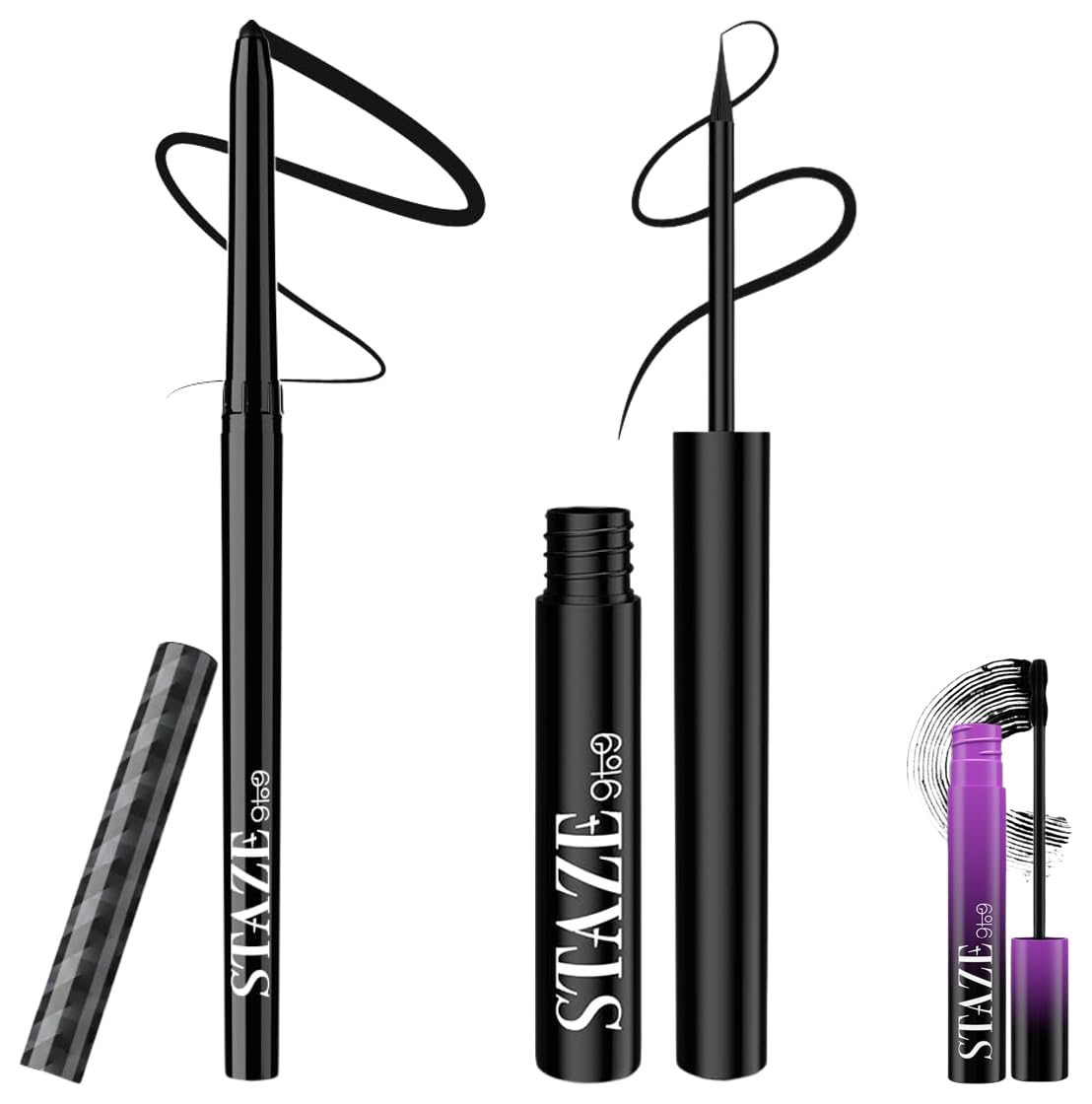Staze 9to9 All Eyes On You Trio with Kajal + Liner + Mascara eyes makeup combo | Ultra-pigmented | 12 Hrs Long Lasting and Easily Blendable | Mix of Matte & Shimmer Eyeshadows