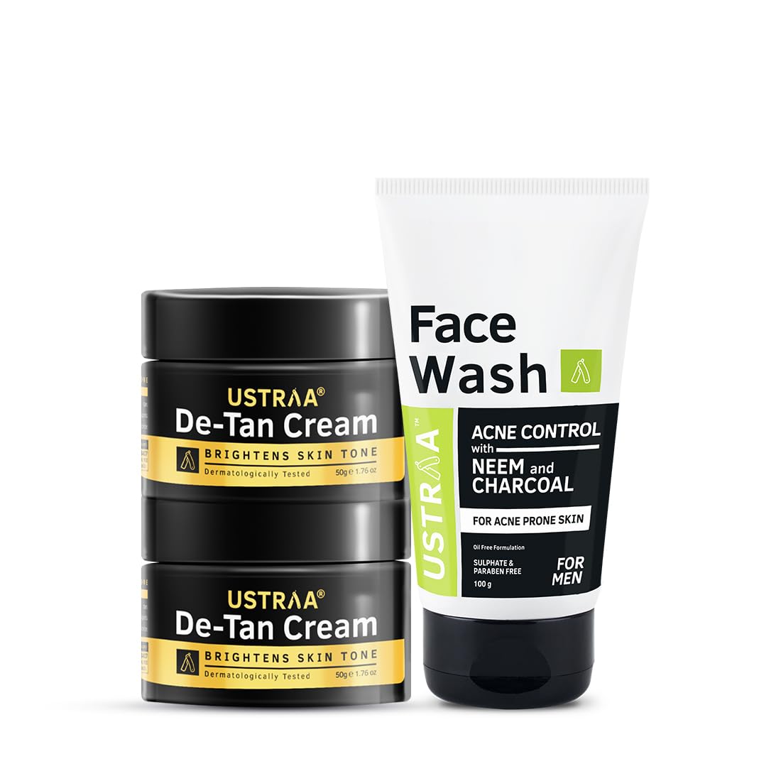 Ustraa Face Wash Acne Control - With Neem & Charcoal - 100g - Oil control, Prevents Acne & De-Tan Face Cream For Men - 50g x 2 - (Set of 2) | Even Skin tone, For Effective Tan Removal, Without Bleach