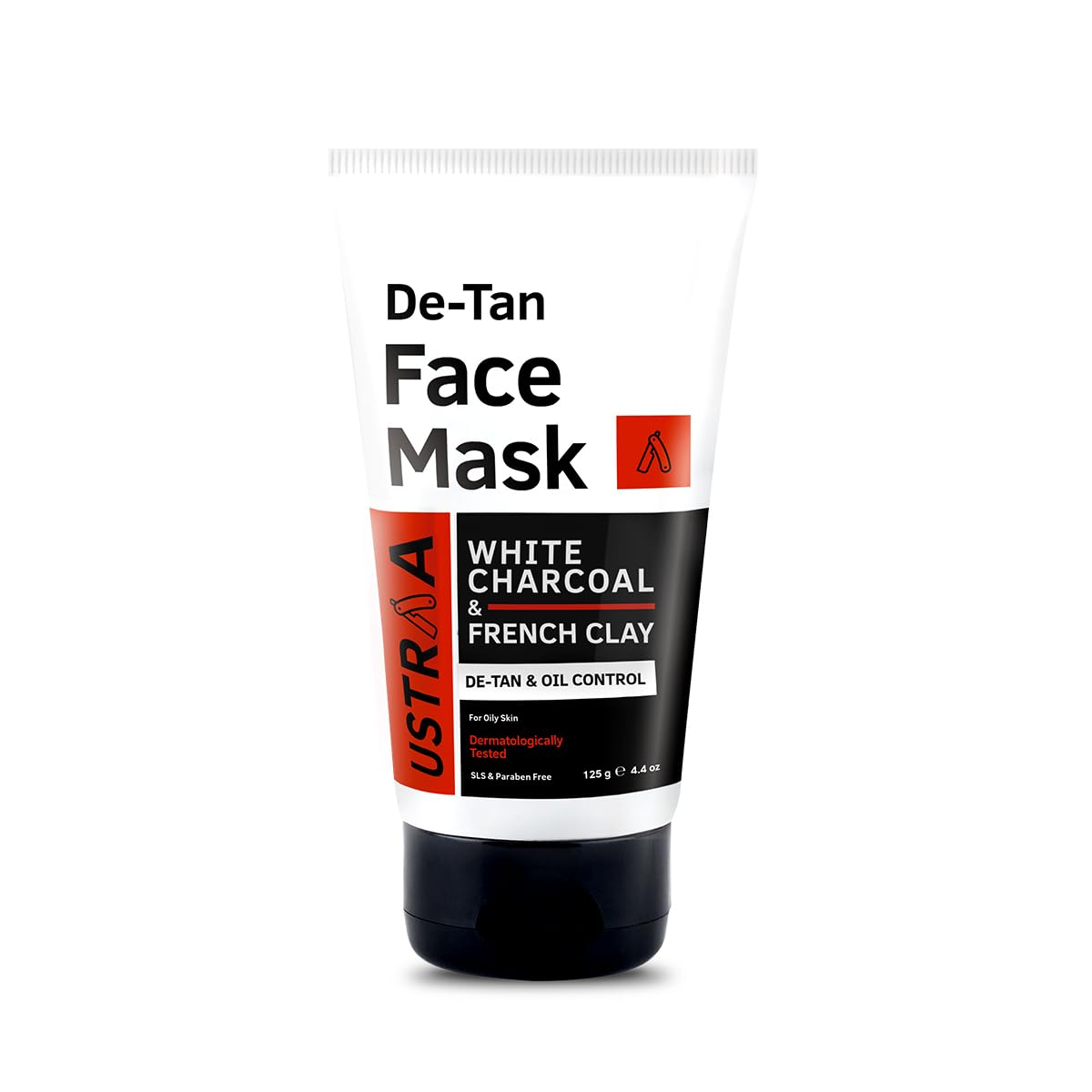 Ustraa De-Tan Face Mask Oily Skin - 125g | Effective Tan Removal | White Charcoal & French Clay & Moisturising Cream - Oily Skin - 100g | Quick Absorption | with Shea Butter