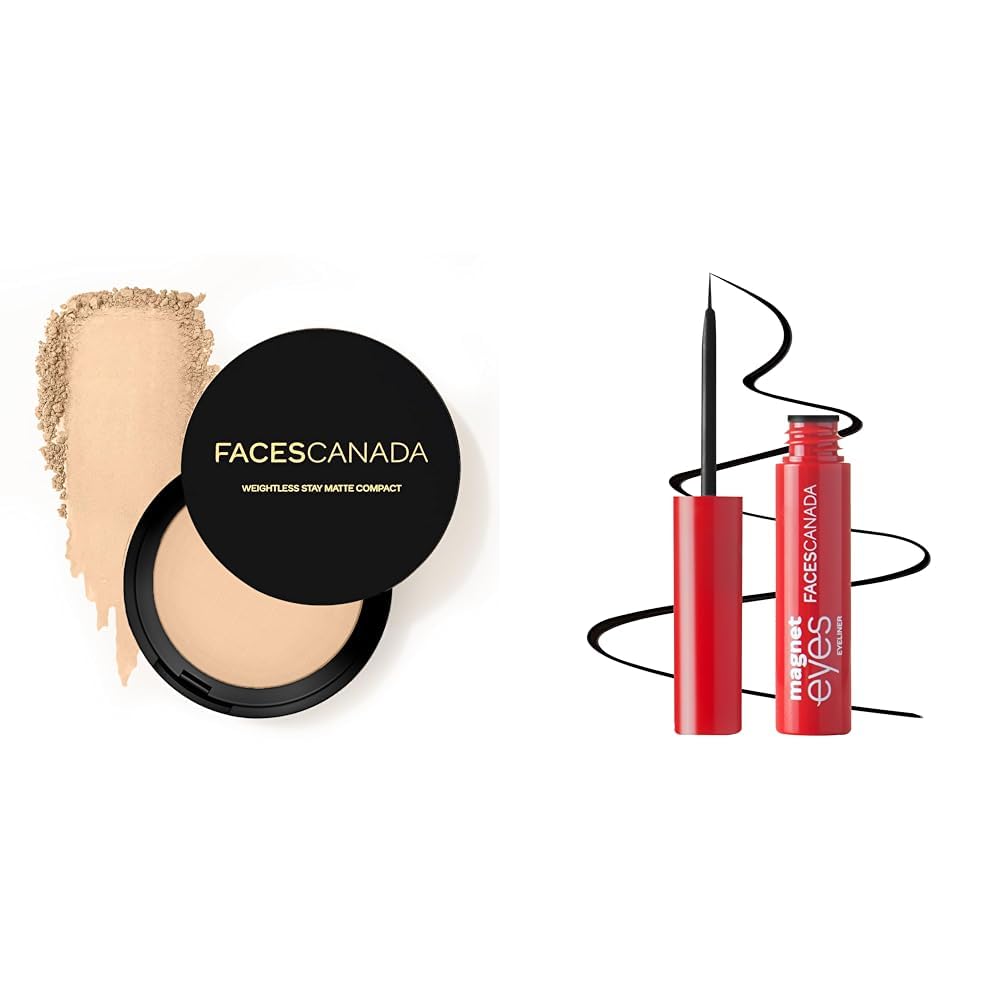 FACESCANADA Weightless Stay Matte Finish Compact Powder - Natural 9 G And Faces Canada Magneteyes Eyeliner - Black, 3.5Ml