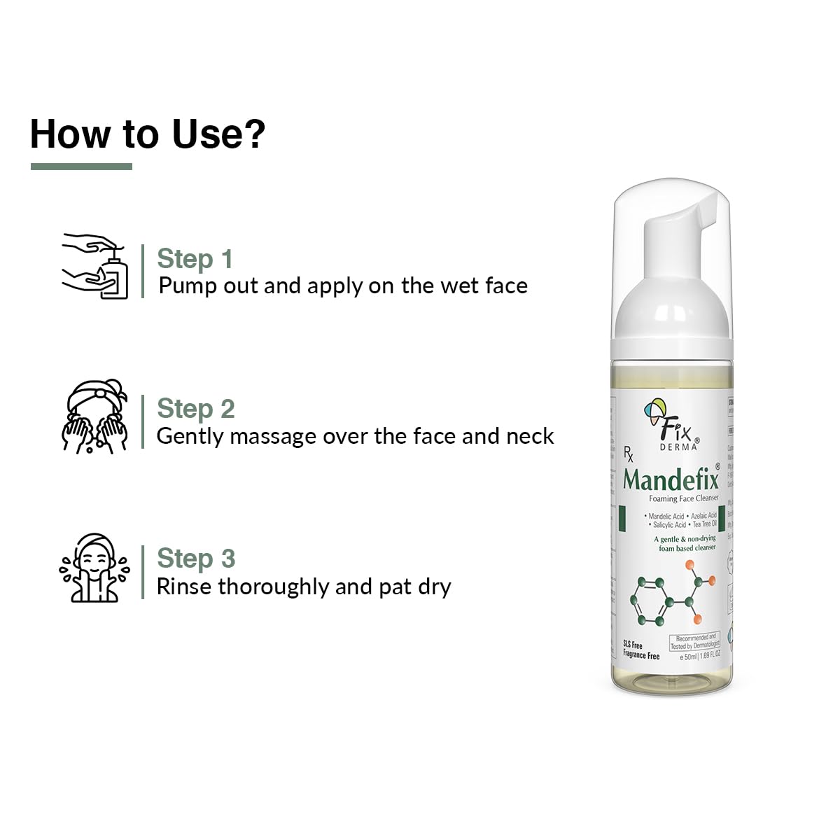 Fixderma 2% Salicylic Acid Mandefix Foaming Cleanser for Men & Women | Nondrying Cleanser, Exfoliator, Reduces Skin Ageing | Salicylic Acid Face Wash for Sensitive and Acne Prone Skin - 50ml