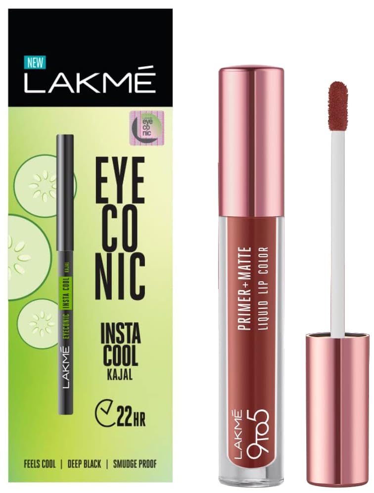 Lakmé 9to5 Primer + Matte Liquid Lip Color MB2 Intense Latte & Lakmé Eyeconic Insta Cool Kajal Combo
