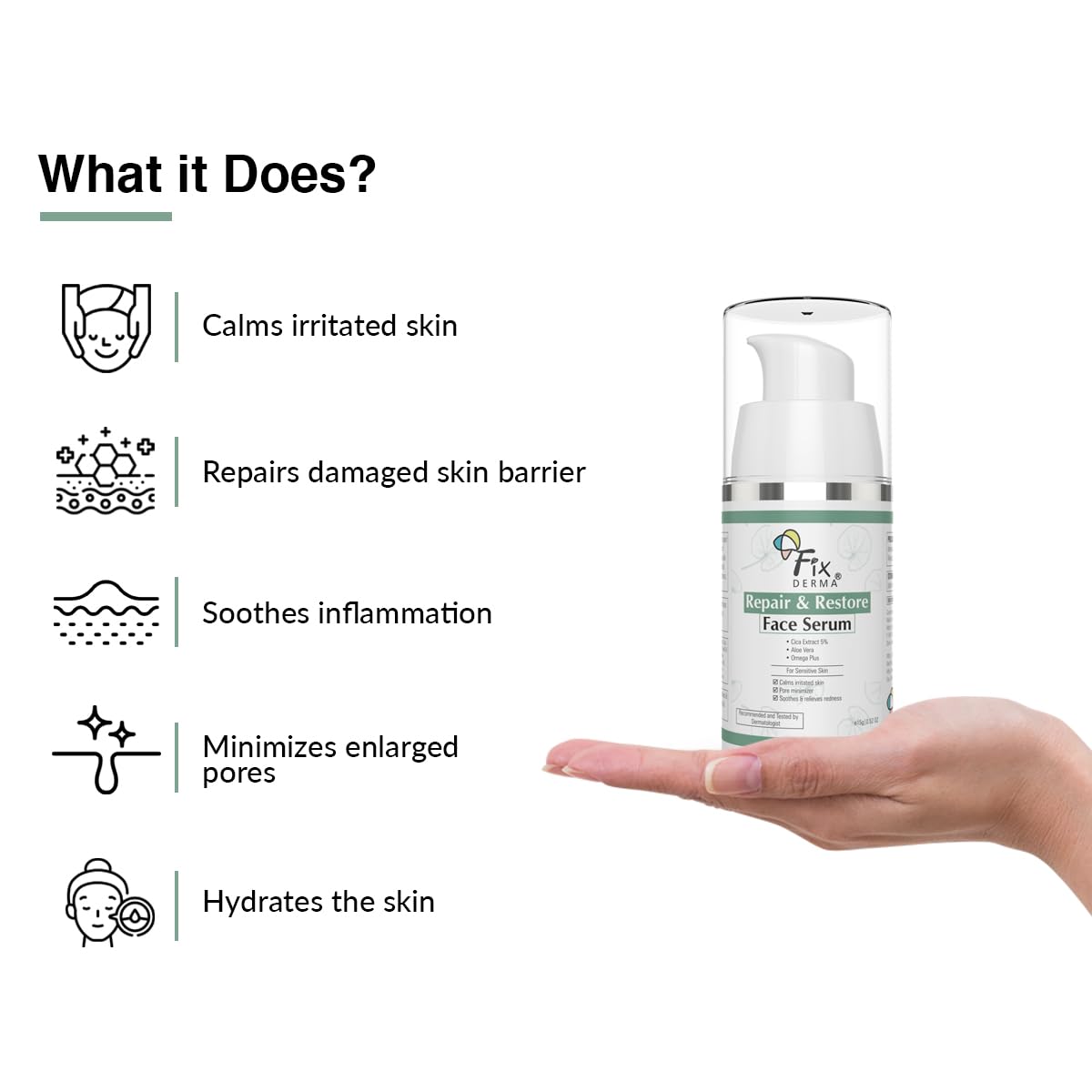 Fixderma 5% Cica Extract Repair & Restore Face Serum for Sensitive Skin with Aloevera | Barrier Repair Serum with Cica & Omega Plus for Men & Women - 15g
