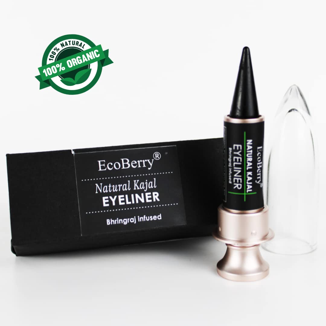 EcoBerry Kajal/Eyeliner Bhringraj infused Deep Black Kohl | Coolant Cleanses | Lead Paraben Free No Artificial Colors 100% Pure, Natural & Handmade, Preservative Free | Veg 3g