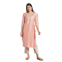 Kashish Women's  Viscose Embroidered Round Neck Straight Fit Kurta