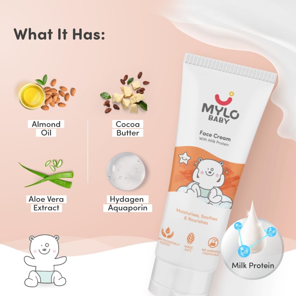 Mylo Baby Cream for Face 100 gm | Dermatologically Tested | Made Safe Certified | Nourishes and Brightens Skin | Soothes Skin Irritation | 24 Hours Moisturization