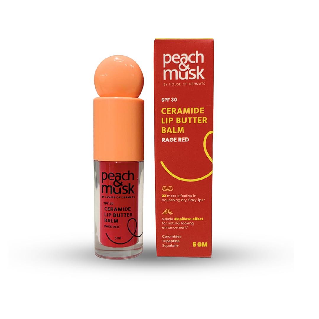 Peach and Musk SPF 30 Ceramide Lip Butter Balm, for Dry Lips with Tripeptide & Squalane, 3D Pillow Effect, Brightens & Hydrates Lips, Tinted Lip Balm - Rage Red (5ml)