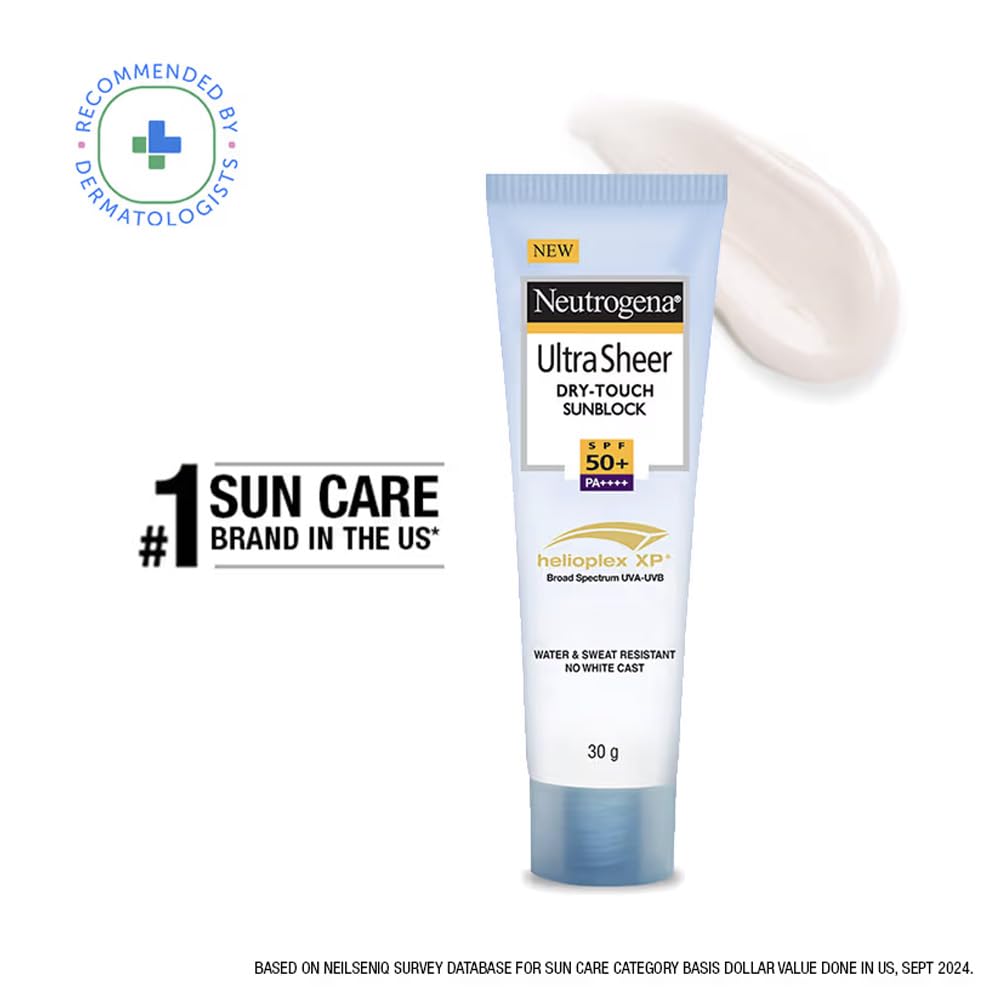 Neutrogena Ultra Sheer Sunscreen SPF 50+ | Broad Spectrum UVA/UVB | Blue light protect | No White Cast | Water resistant, Ultra light & Non sticky | Oily, Dry & Sensitive Skin | 30 g (Pack of 1)