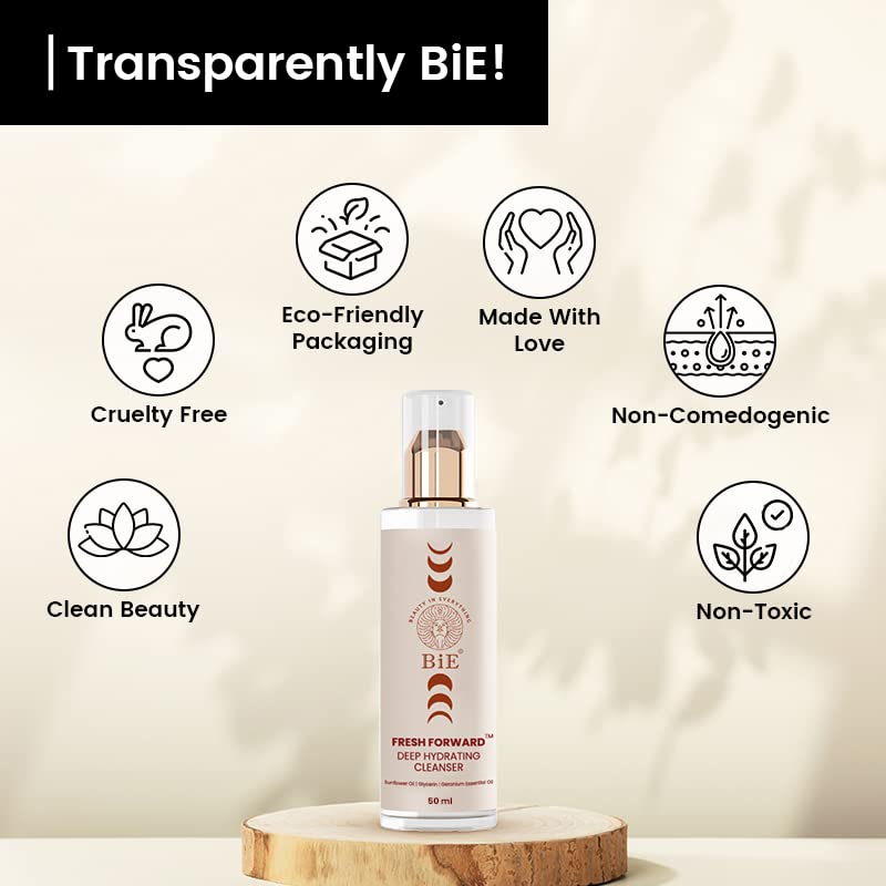 BiE Fresh Forward Deep Hydrating Cleanser With Glycerin & Geranium Oil | Hydrating & Non-Drying | Gentle Face Cleanser, Controls Excess Sebum & Make Up Remover | Gentle Face Wash for All Skin Types | 50ml