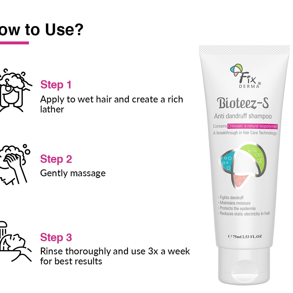 Fixderma Bioteez-S, Anti Dandruff Shampoo, Flaky Scalp Condition, Nourish Dry Hair, Relieves Itchy & Dry Scalp, Recurrent Dandruff, Sulphate & Paraben Free Formulation - 75ml