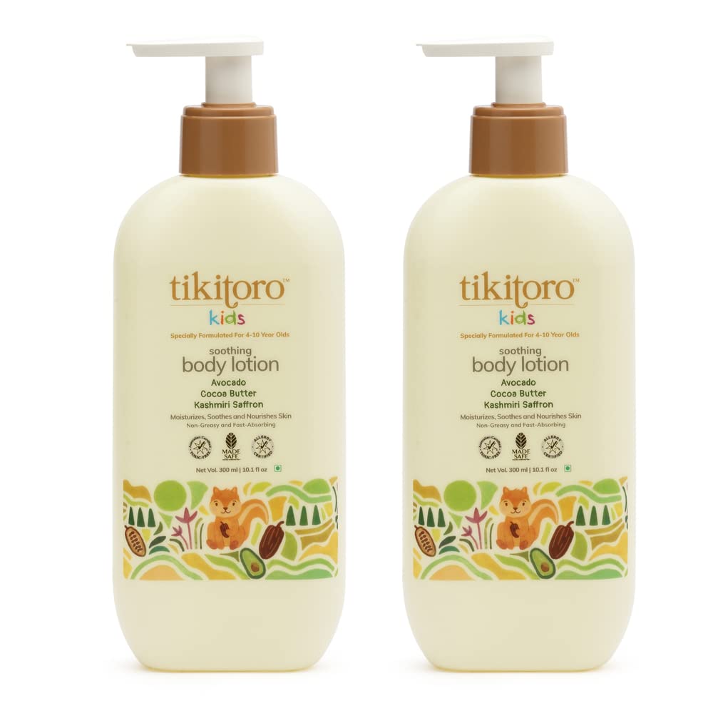 Tikitoro Kids Soothing Body Lotion | Pediatrician Approved | Moisturizes, Soothes & Nourishes Skin |100% Vegan with Avocado, Cocoa Butter, Kashmiri Saffron Extract |Daily Use (Age: 4+ Years) (300 x 2)
