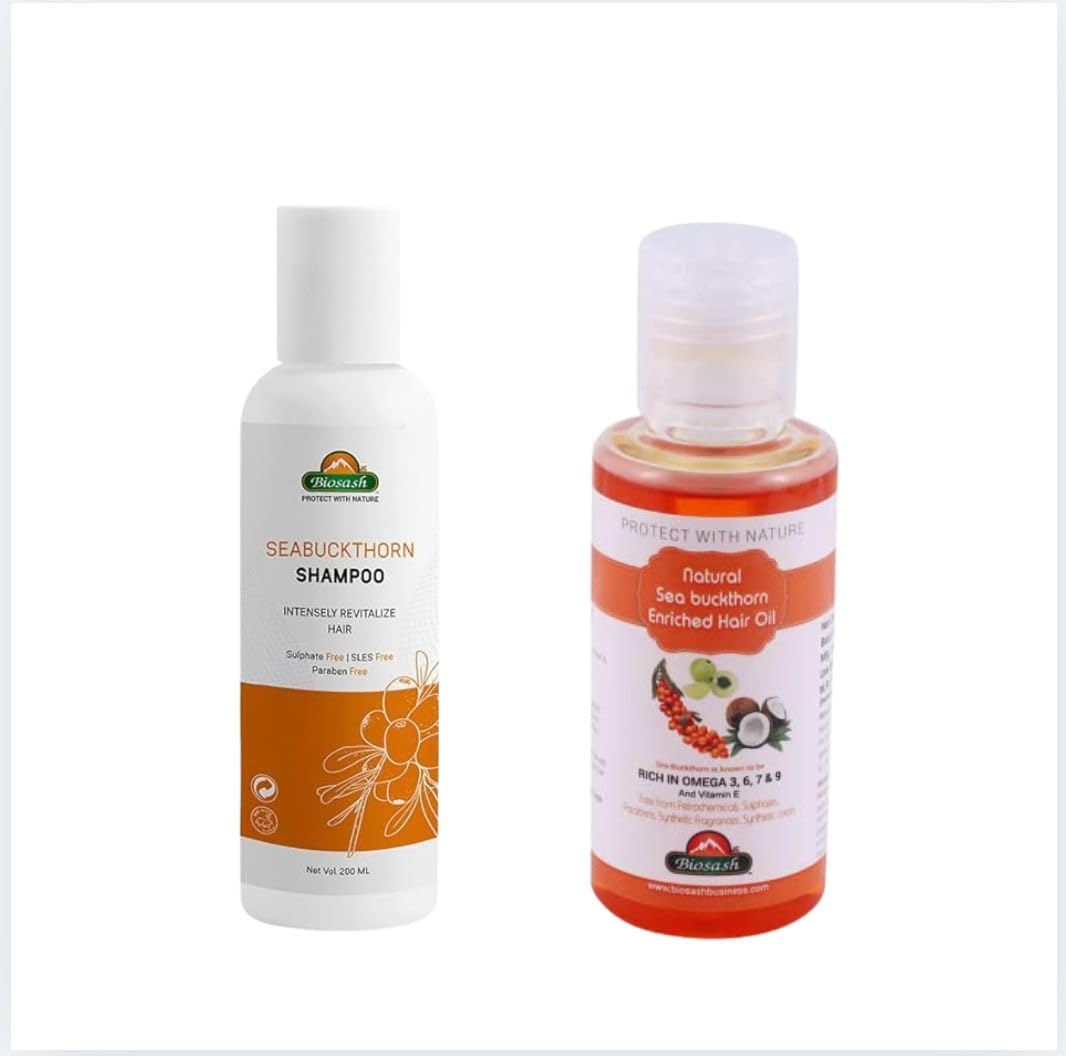 Biosash Sea Buckthorn Hair Care Combo – Hair Oil 100ml & Shampoo 200ml | Ayurvedic Hair Fall Control Kit with Omega 3 6 7 9 & Vitamin E | Sulphate & Paraben Free Scalp Cleanser