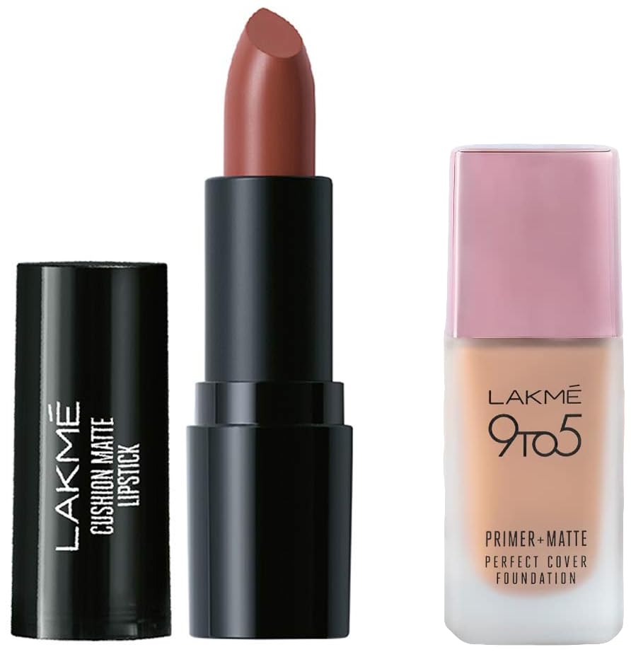 Lakmé 9 To 5 Primer + Matte Perfect Cover Full Coverage For Oily Skin Liquid Foundation & Lakmé Cushion Matte Lipstick Combo, 1 Count