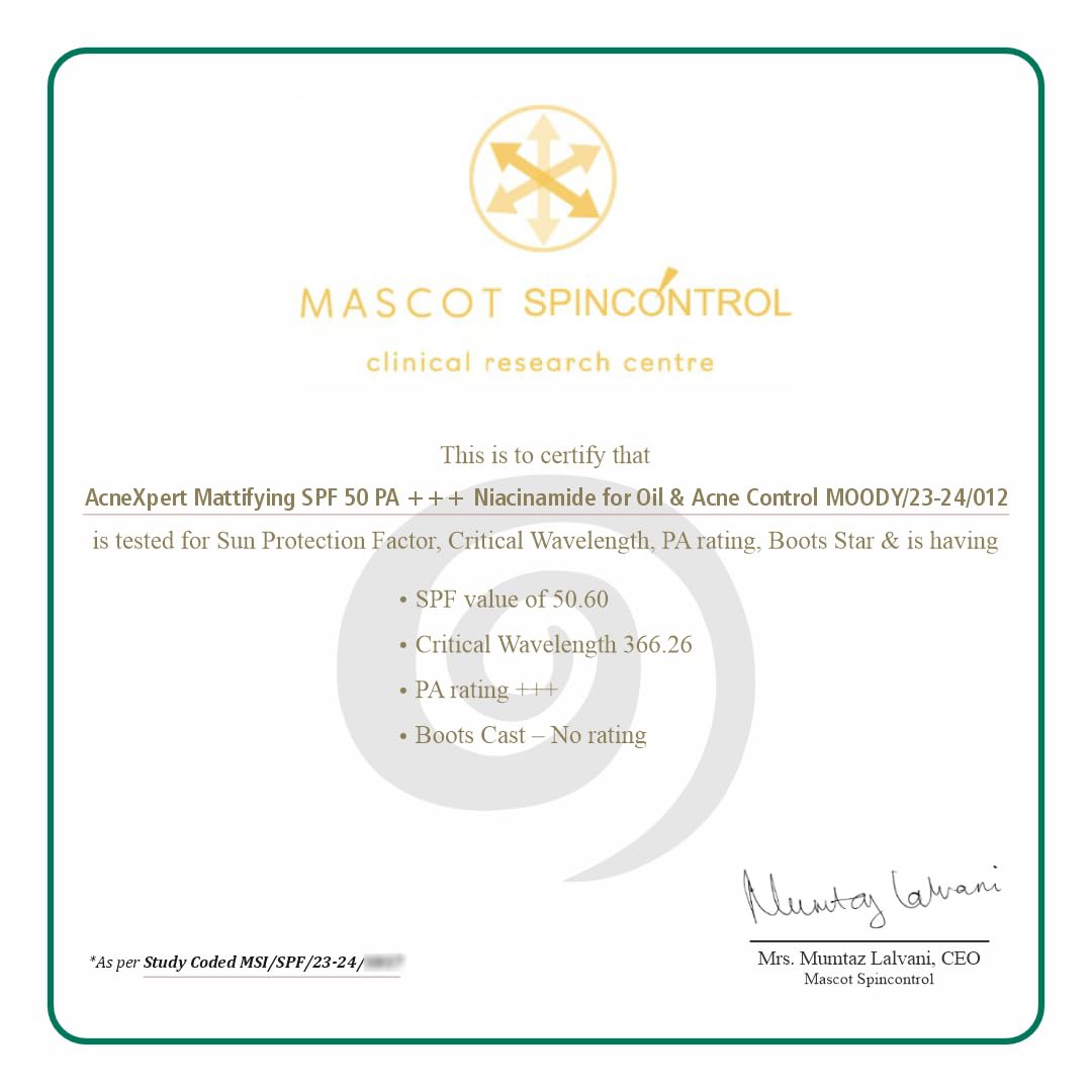 Moody AcneXpert Ultra Matte Dry Touch Sunscreen Gel with Niacinamide & Green Tea for All Skin Types | Water & Sweat Resistant with SPF 50 PA++++ | No White Cast, Non-greasy & Non-comedogenic-50ML