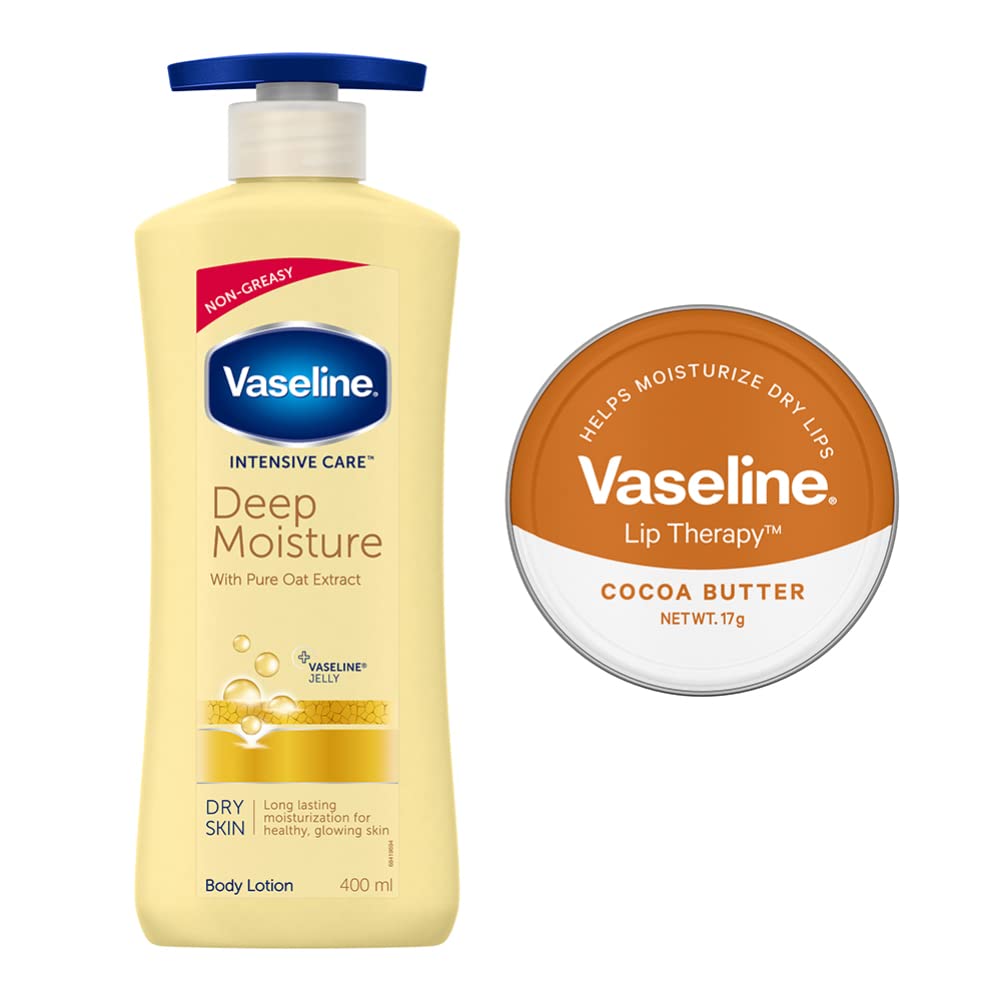 Vaseline Deep Moisture Lotion, 400ml with Vaseline Cocoa Lip Tin, 17g for Moisturized Skin & Healthy Lips