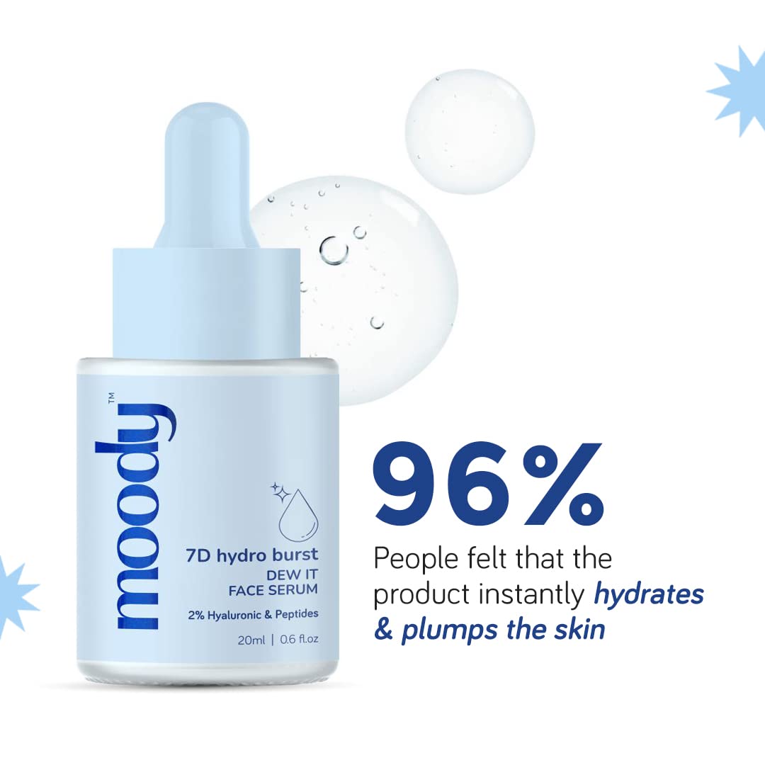 Moody 2% Hyaluronic Face Serum with Niacinamide Peptides For Dewy Hydrated & Plumped Skin With 7D Hydro Burst | Daily Hydrating Face Serum For Bouncy Skin | Paraben Free Serum for Men & Women | 20 ml