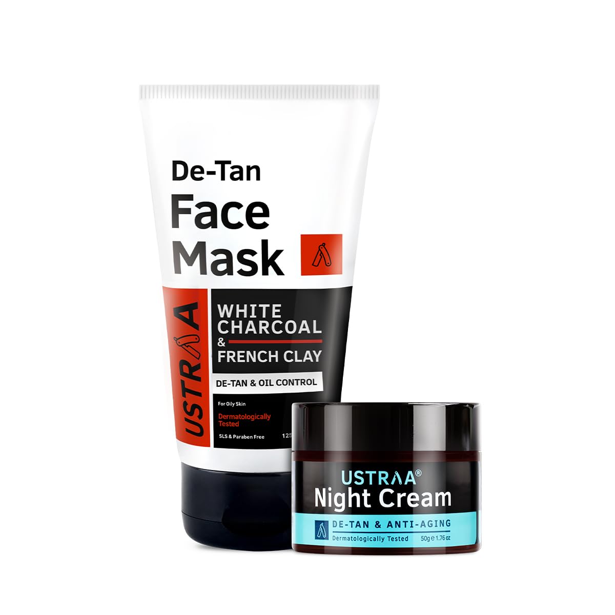 Ustraa De-Tan Face Mask Oily Skin - 125g - Removes Pollutants | with White Charcoal & Night Cream - De-tan & Anti-aging - 50g - Effective Tan Removal | with Niacinamide and Licorice Extract
