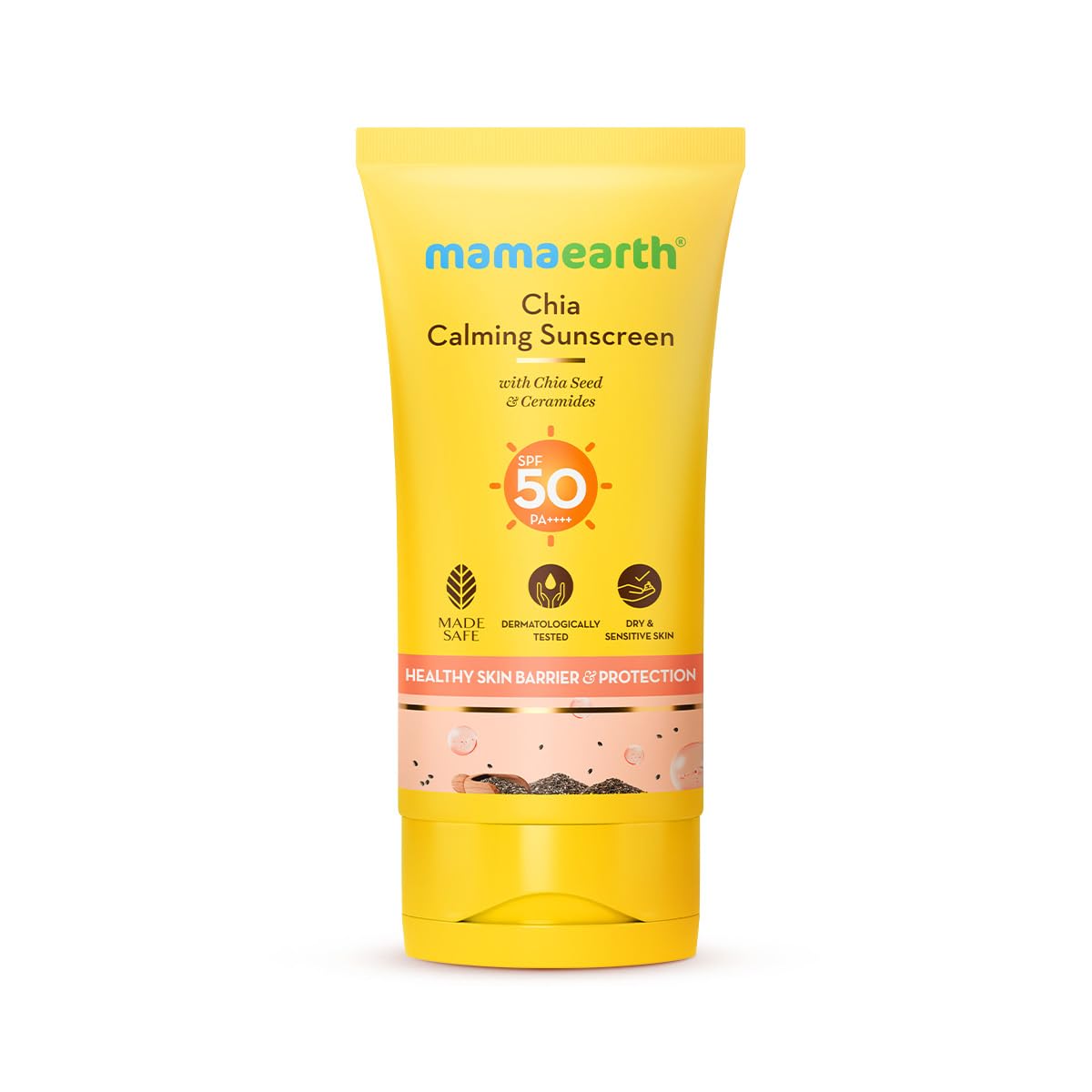 Mamaearth Chia Calming Sunscreen with Chia Seed & Ceramides for Hydrated Glow & Sun Protection - 50 g | SPF 50 PA++++ | Co-Created With Top Dermats | For Dry to Normal, Sensitive Skin | Healthy Skin Barrier