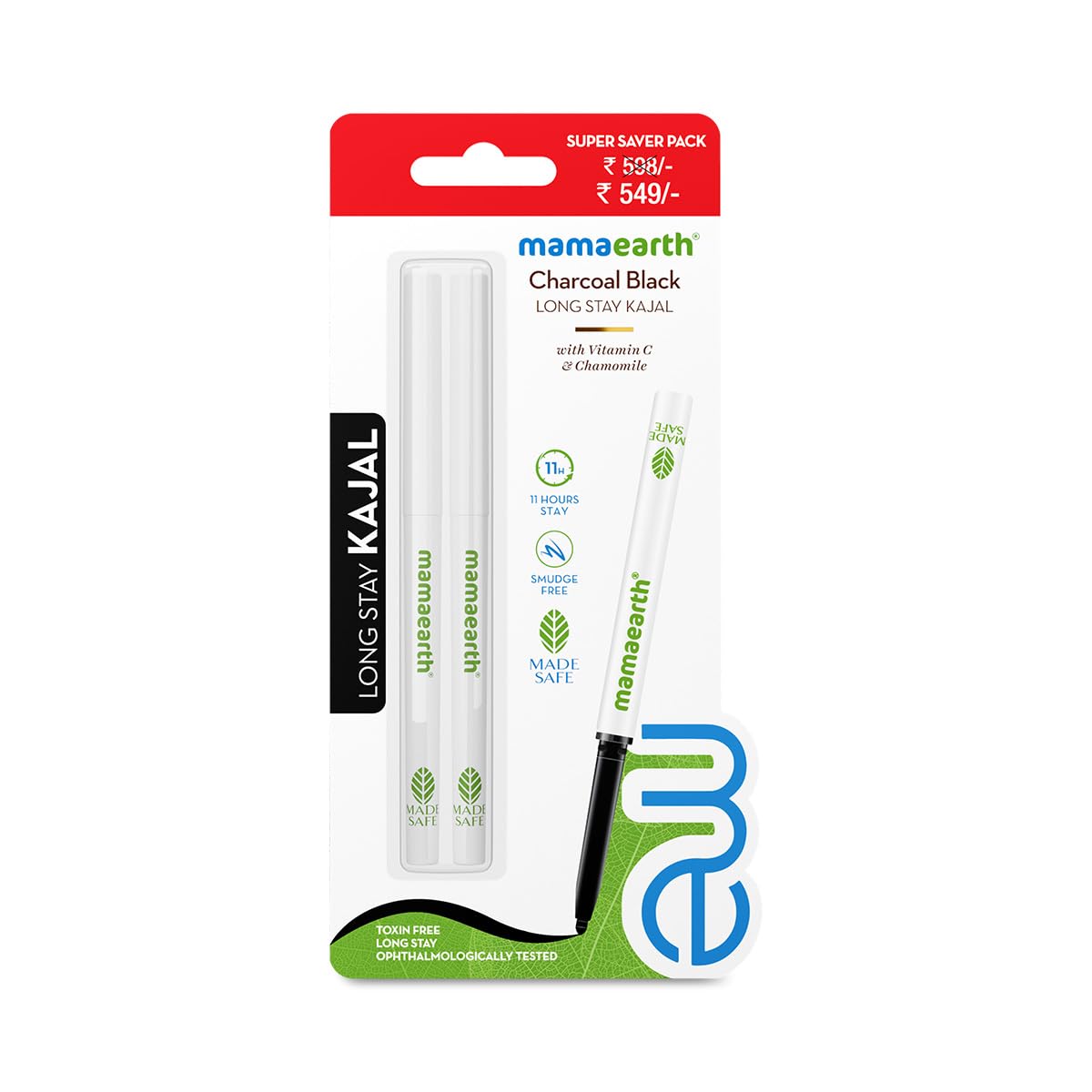 Mamaearth Pack Of 2 Charcoal Black Glossy Long Stay Kajal Pencil With Vitamin C & Chamomile For 11-Hour Smudge-Free Stay | 11-Hour Long Stay | Smudge-Proof | Waterproof