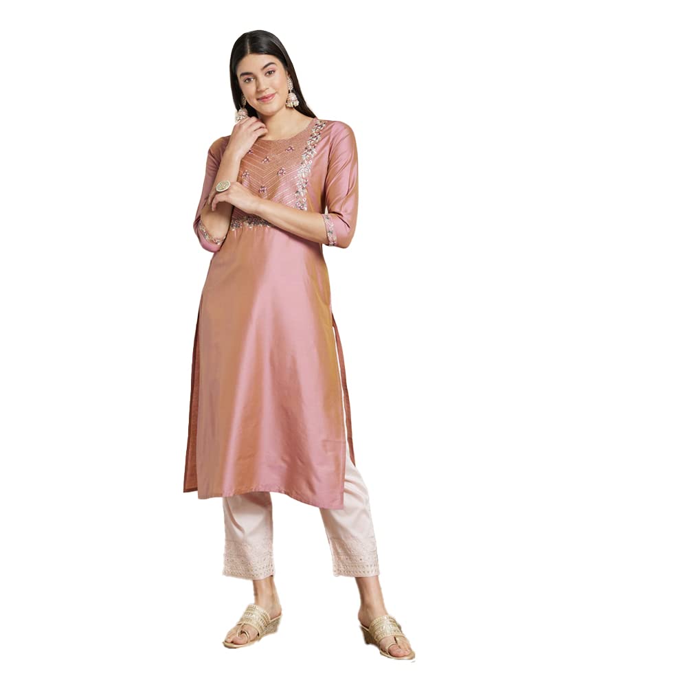 Kashish Women's  Viscose Embroidered Round Neck Straight Fit Kurta