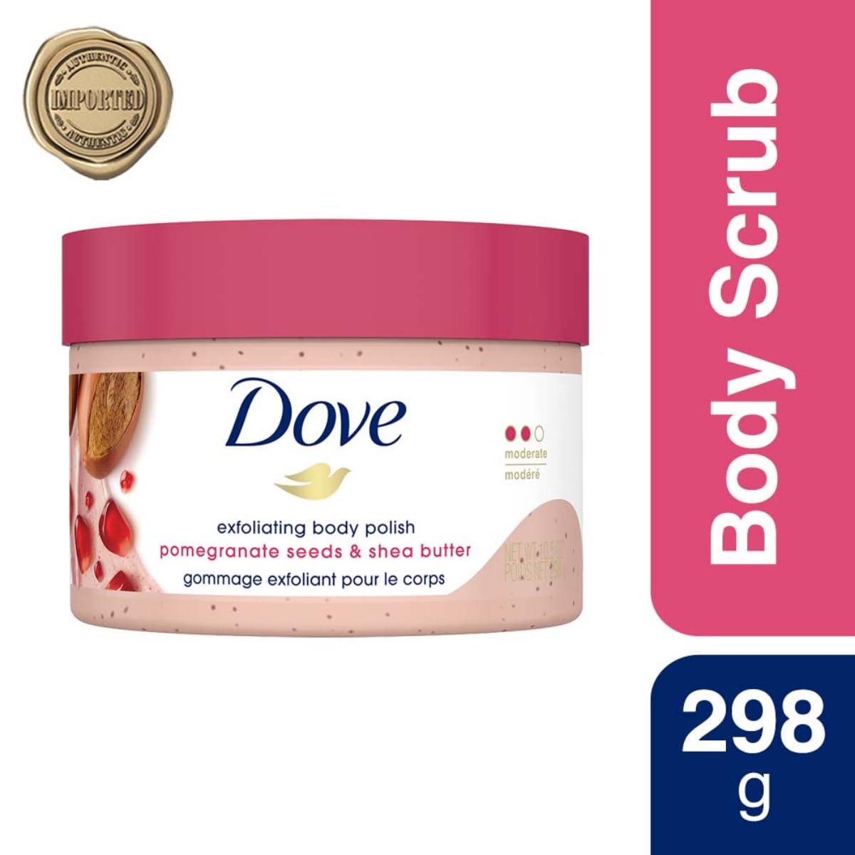 Dove Body Polish Exfoliating Scrub, Moisturizing Shea Butter and Pomegranate Seeds | Nourishes & Conditions Soft Skin | Sulphate Free, 298gm.