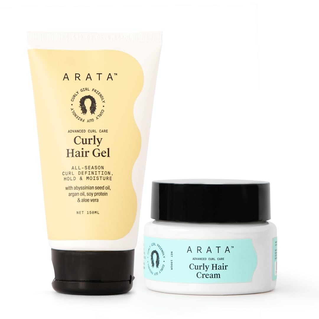Arata Curl Styling Combo of 2 - Curl Cream (100gm) & Gel (150ml) | for Frizzy, Wavy, Curly, Coily Hair | Intensive Moisture & All-Season Curl Definition | No Sulphate,Paraben,Silicone | CG Approved