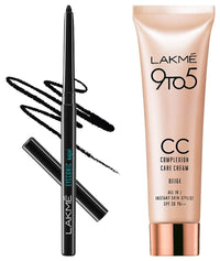 Lakmé Eyeconic Black Kajal, Matte Kohl Liner In A Twist Up Pencil, 0.35 G & Lakmé 9 To 5 Cc Cream Mini, 01 - Beige, Light Face Makeup With Natural Coverage, Spf 30, 9 G