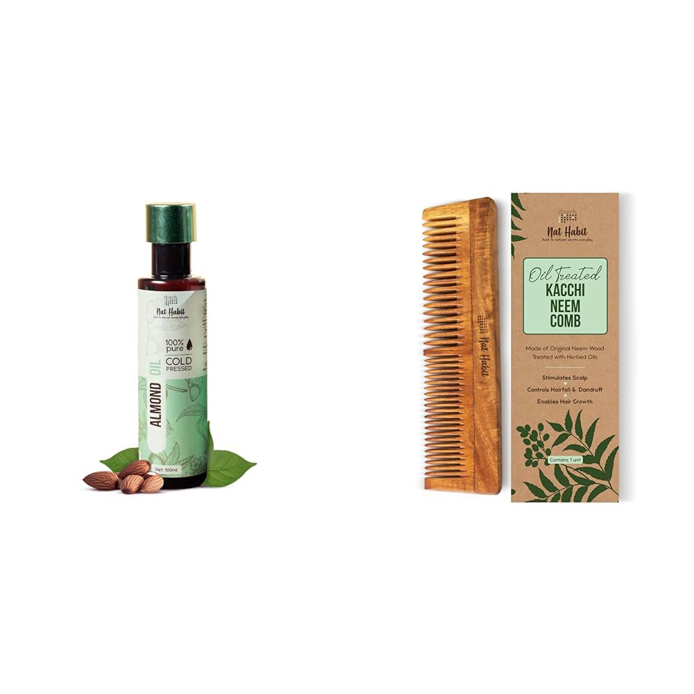 Nat Habit Cold Pressed Oil Combo Almond Oil 100ml and Dual Tooth Wooden Neem Comb For Hairfall, Hair Growth & Multi-Action