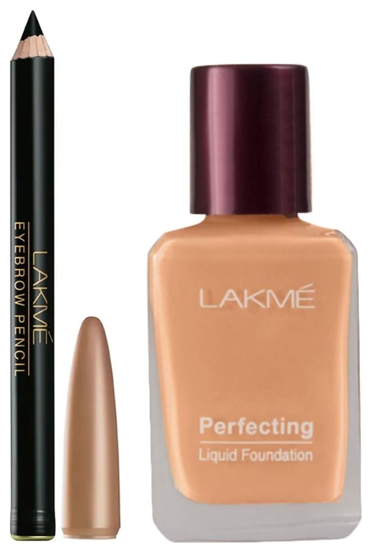 Lakmé Eyebrow Pencil, Black, 1.2g & Lakmé Perfecting Liquid Foundation, Shell, Waterproof Full Coverage Long Lasting - Light Oil Free Face Makeup with Vitamin E, Dewy Finish Glow, 27 ml