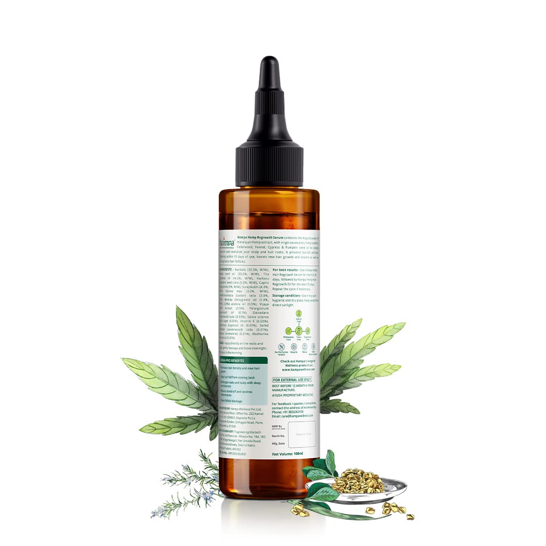 Hampa Hemp Hair Growth Serum for Men and Women, Visible Reduction in Hairfall, Hair Breakage and New Hair Growth in 30 Days, All Natural No Synthetic Active, Natural DHT Blocker and Biotin, Rosemary and Other Ayurvedic Herbs, All Hair Type, 30 Day Pack (1