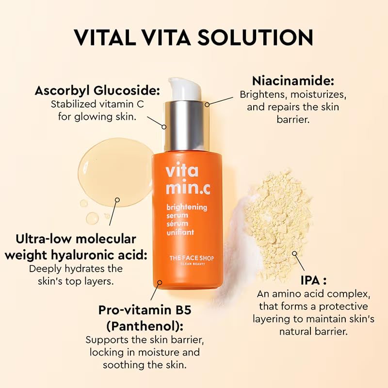 The Face Shop Vitamin C Brightening Face Serum 30ML– Glowing Complexion Booster with Niacinamide & B5 – Hydrating & Anti-Aging Serum for Dull Skin, Dark Spots, Scars