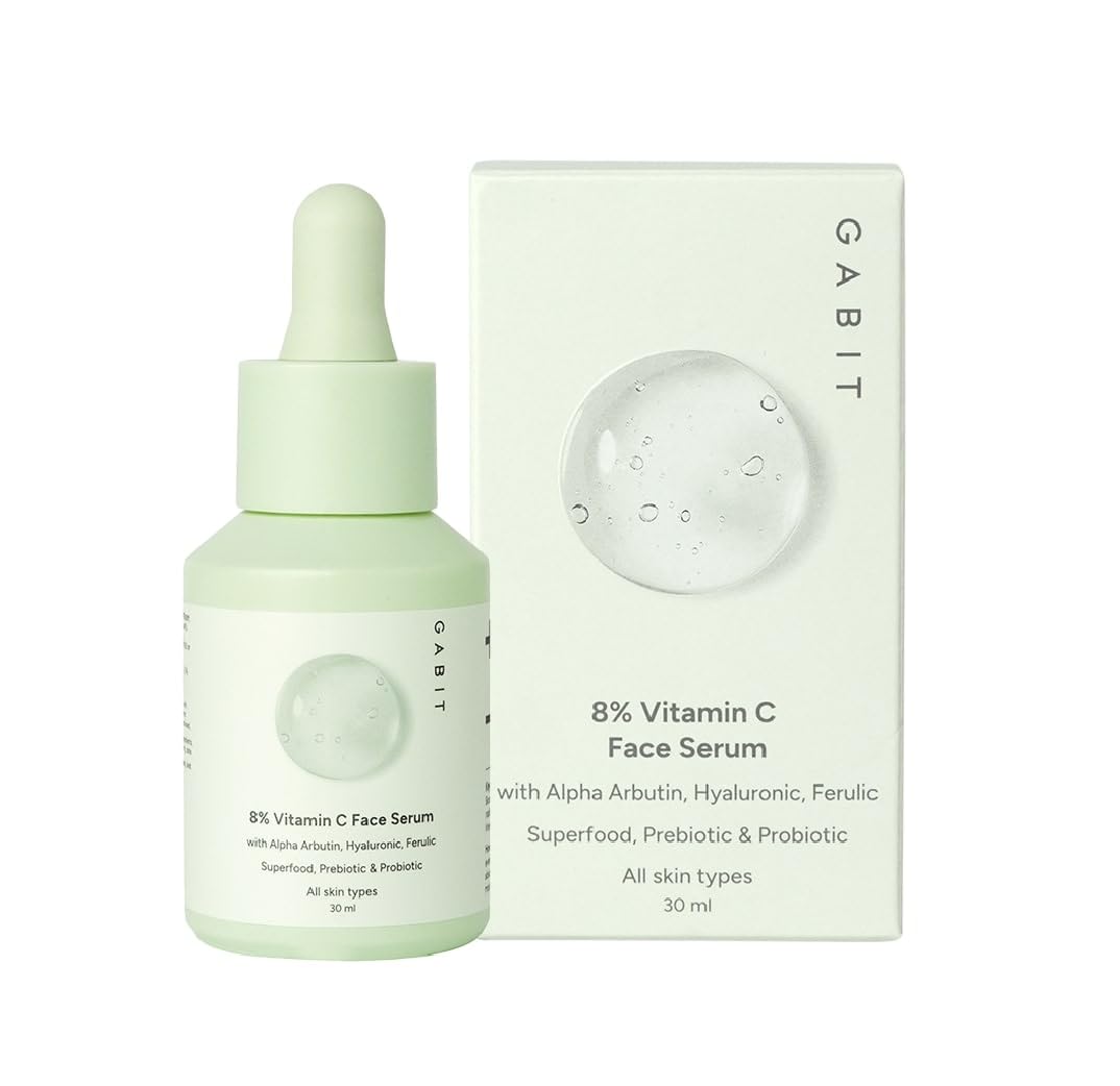 Gabit 8% Vitamin C Face Serum for Glowing Skin | Brightening Serum for Dark Spots, Tanned & Dull Skin; Hydrates | Alpha Arbutin, Hyaluronic, Ferulic, CiCa, Prebiotic, Probiotic | Oil & PEG free |30 ml
