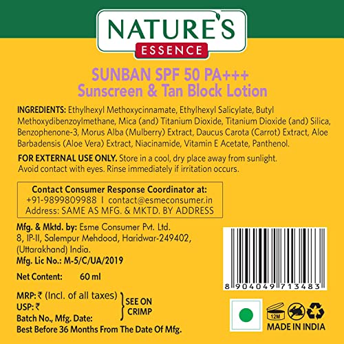 NATURES ESSENCE Sunban Suncreen SPF 50 PA+++ | No White Cast and Broad Spectrum Sun screen | For All Skin Types | Non Greasy | Lightweight | For Men & Women | 60ml